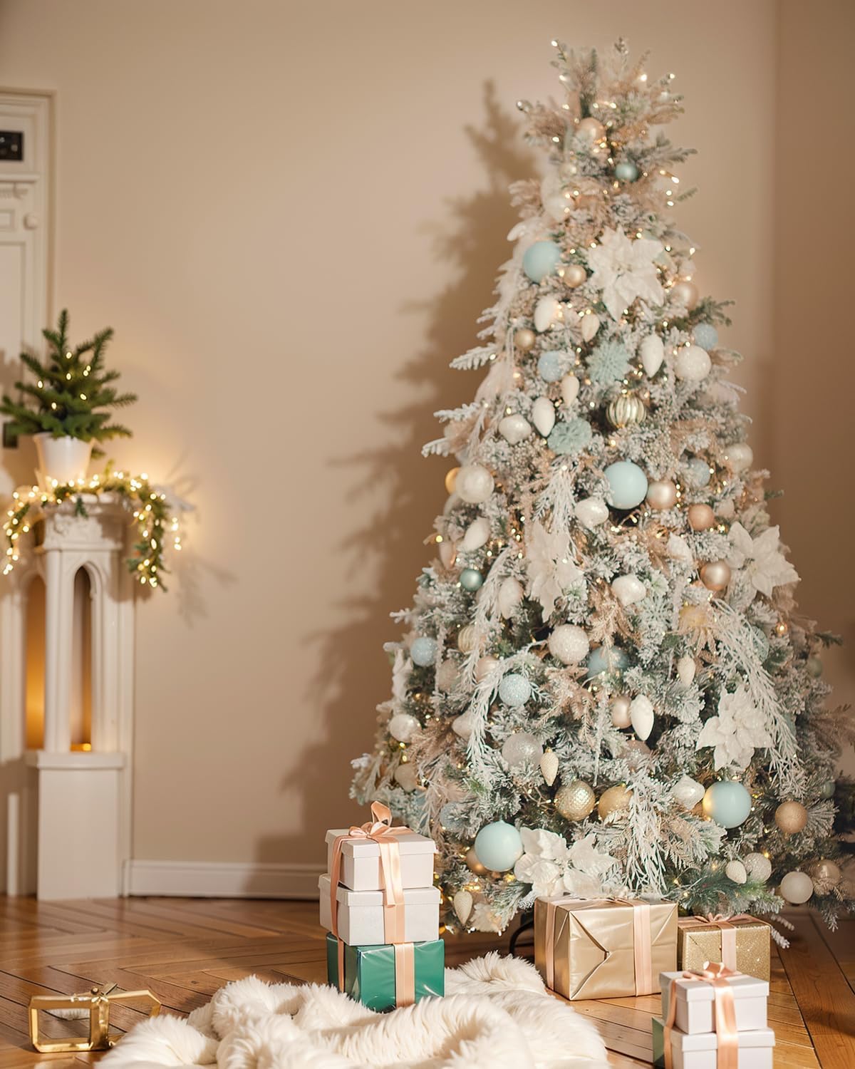 7.5FT Pre-lit Snow Flocked Christmas Tree Spruce with Remote Control, 600 Warm White Multi-Color Lights, Artificial Hinged/Feel Real/Realistic for Home, Holiday Decoration Dual Color LED